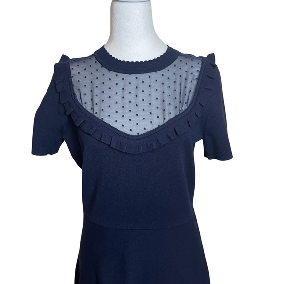 Draper James Sheer Yoke A-Line Sweater Dress Navy Blue Medium Modest Neutral - Picture 4 of 14